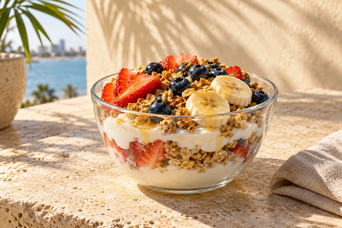 Greek yogurt parfait with granola, strawberries, blueberries, banana and honey