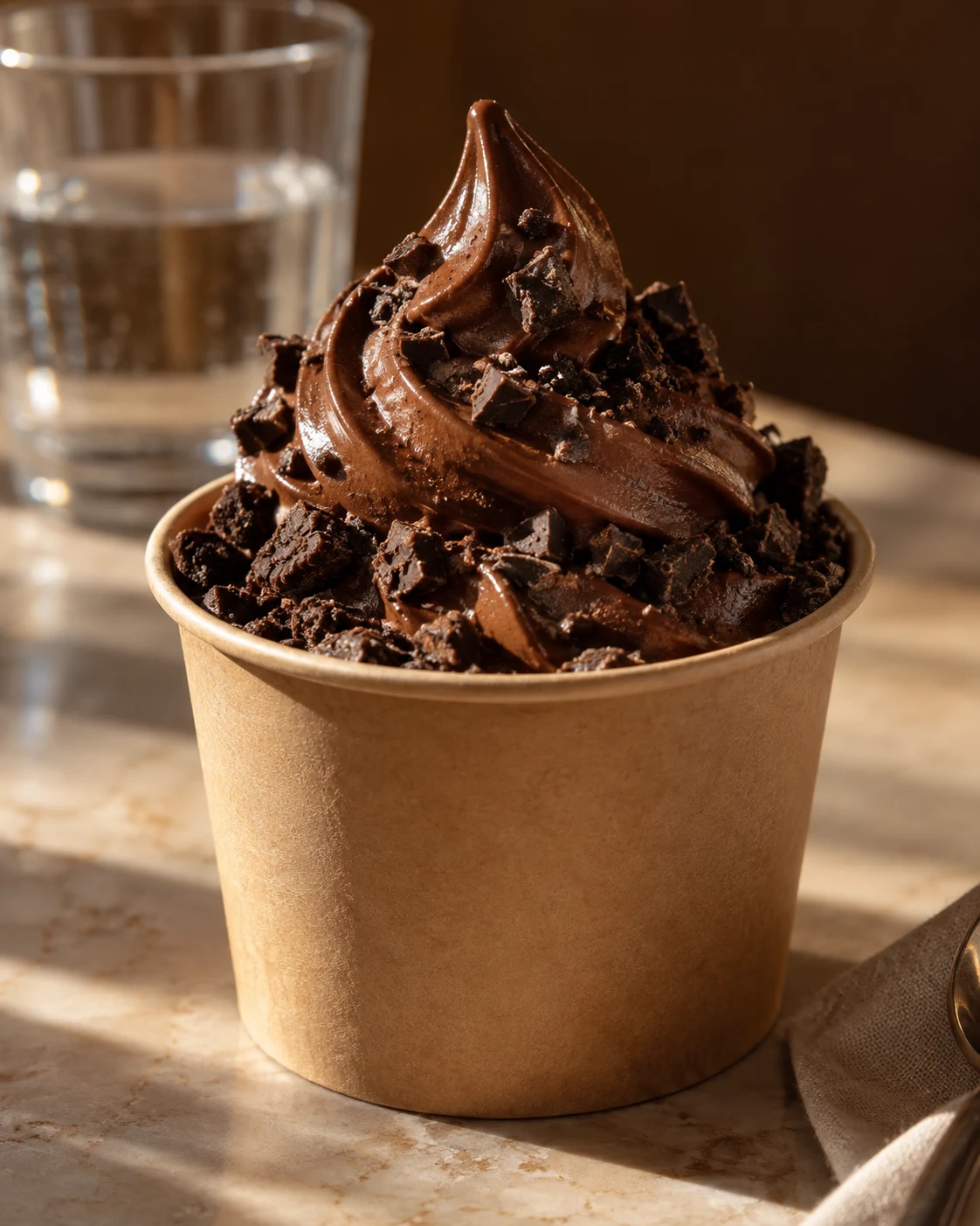 Chocolate frozen yogurt with cookie toppings