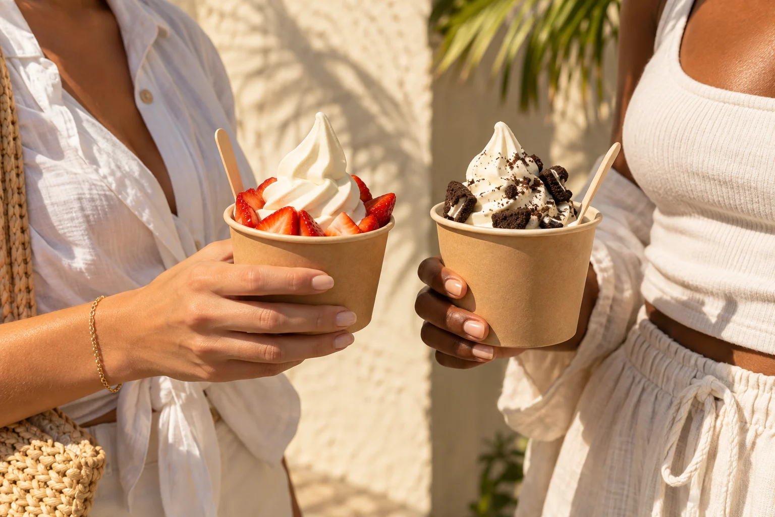 Two frozen yogurt cups held together in the sunshine