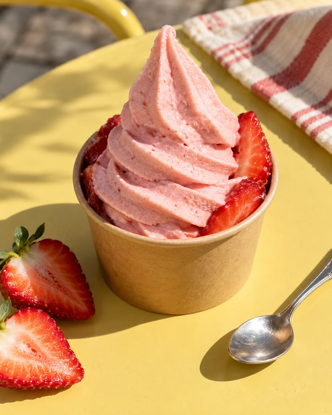 Strawberry frozen yogurt on a sunlit yellow table