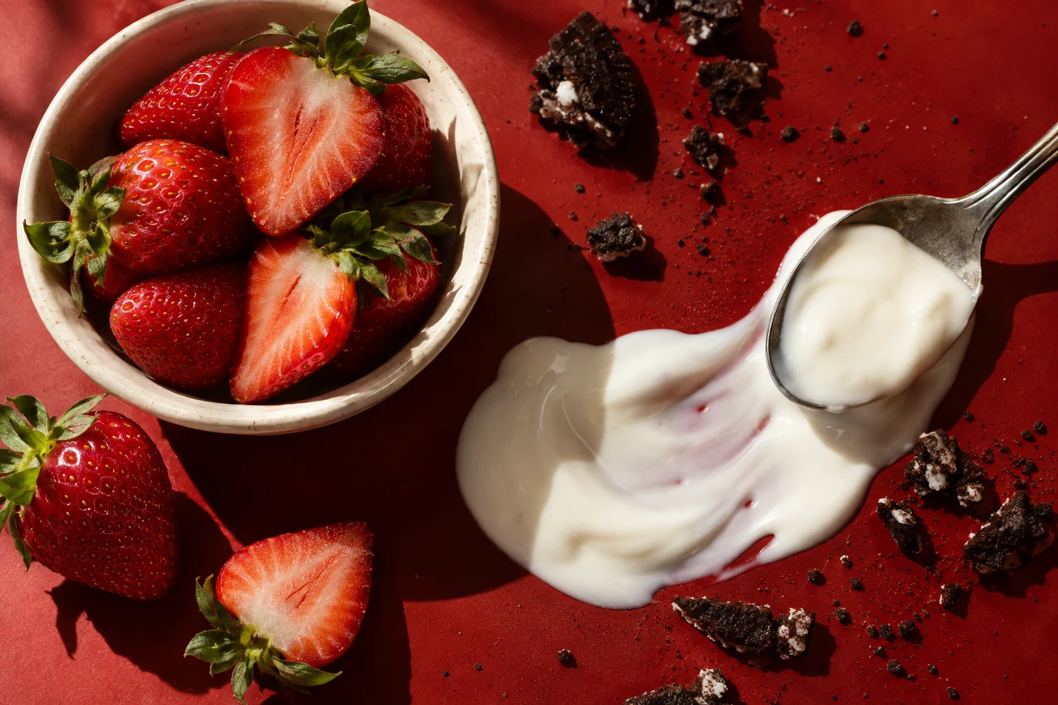 Fresh strawberries, yogurt and cookie crumbles on a red table